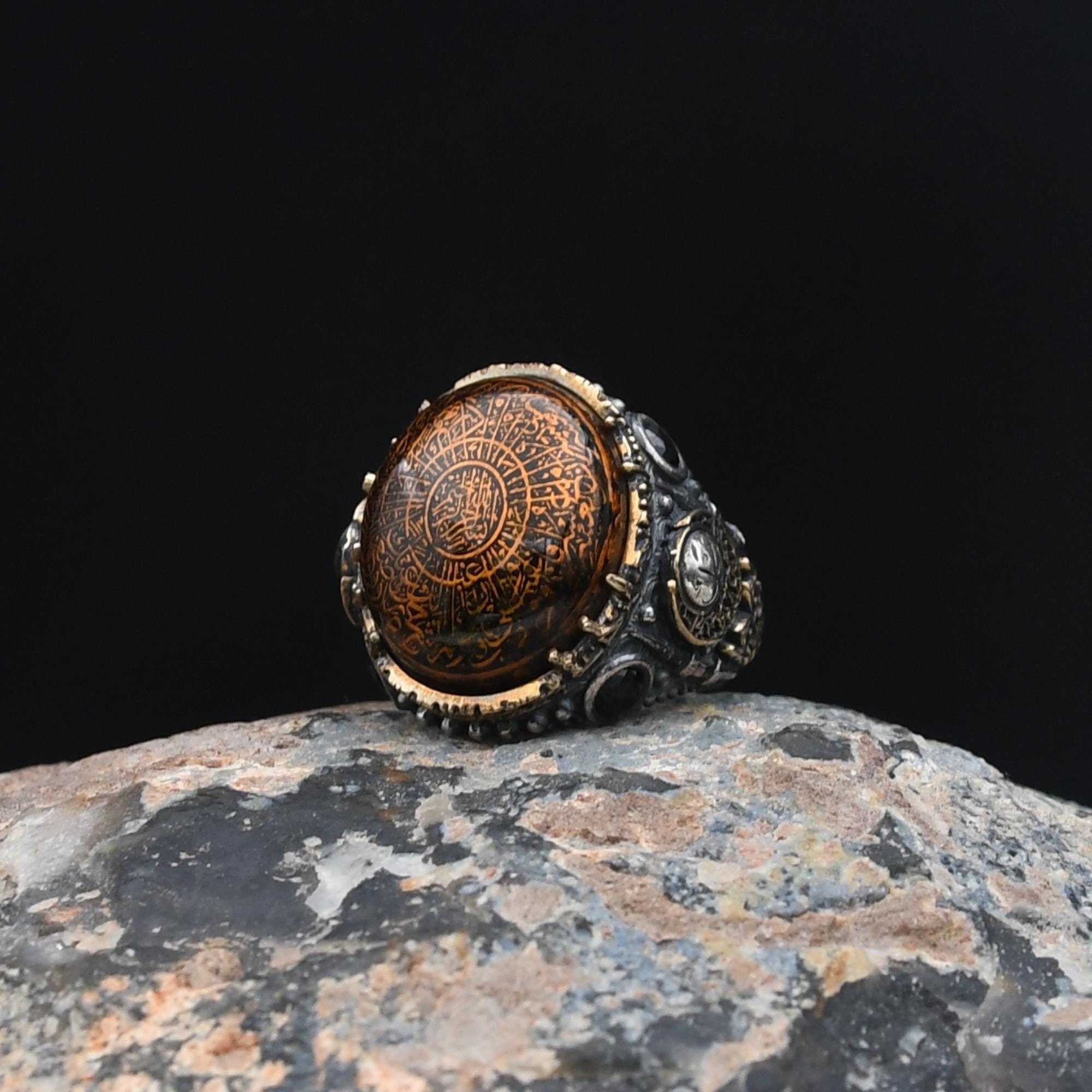 Amber Stone Surah Inshirah Engraved Ring, 925 Sterling Silver, Hand Carved Quran, İslamic Handmade Ring, Allah Muhammad Engraved on Sides