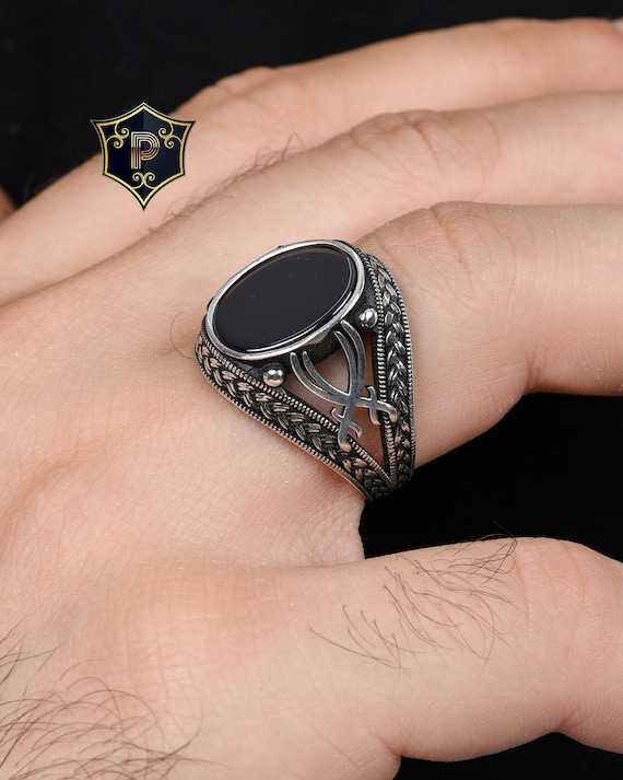 Ali Zulfiqar Silver Ring, Men's Black Onyx Silver Ring, Handmade