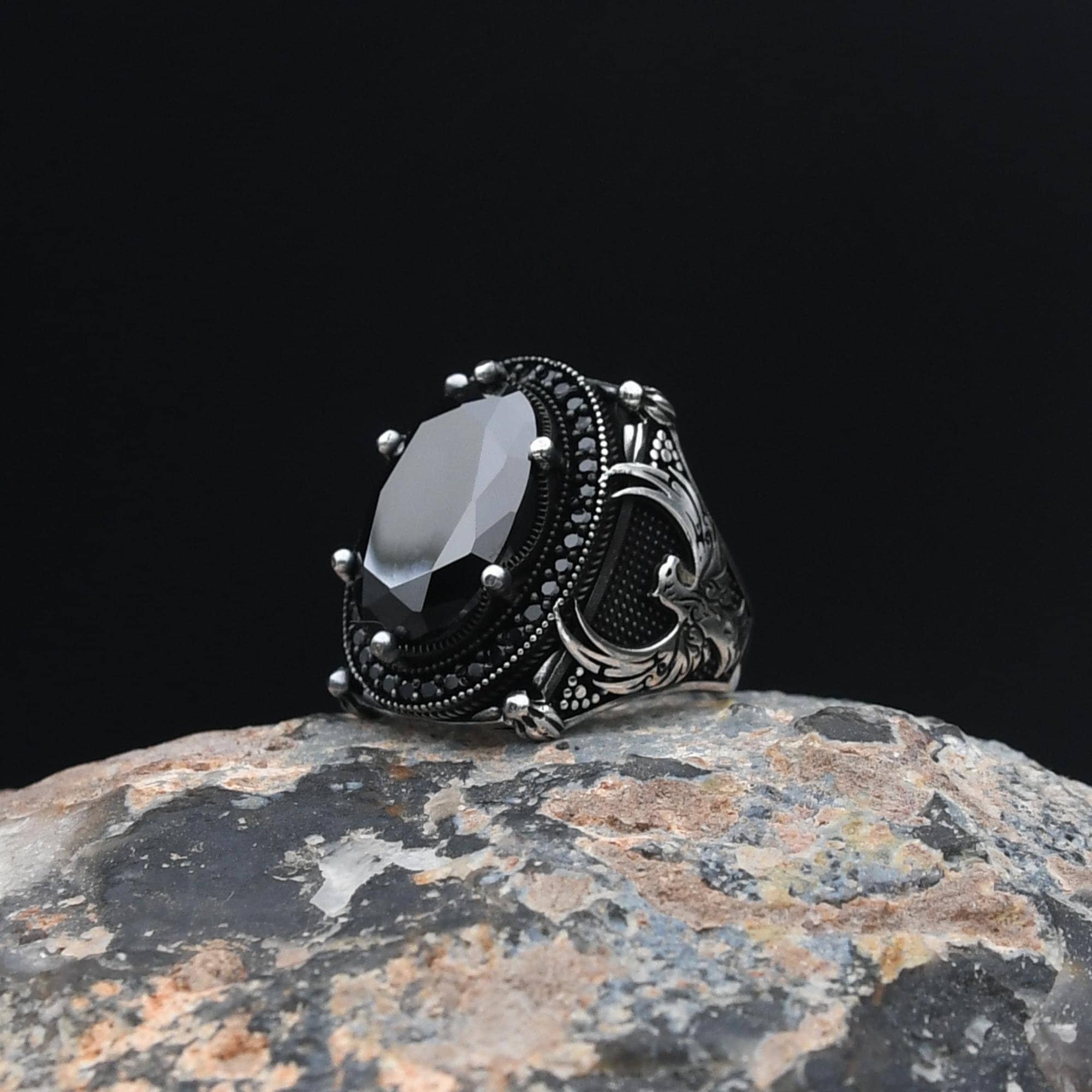 Phoenix Silver Ring, Black Onyx Stone Ring, Men's Handmade Silver
