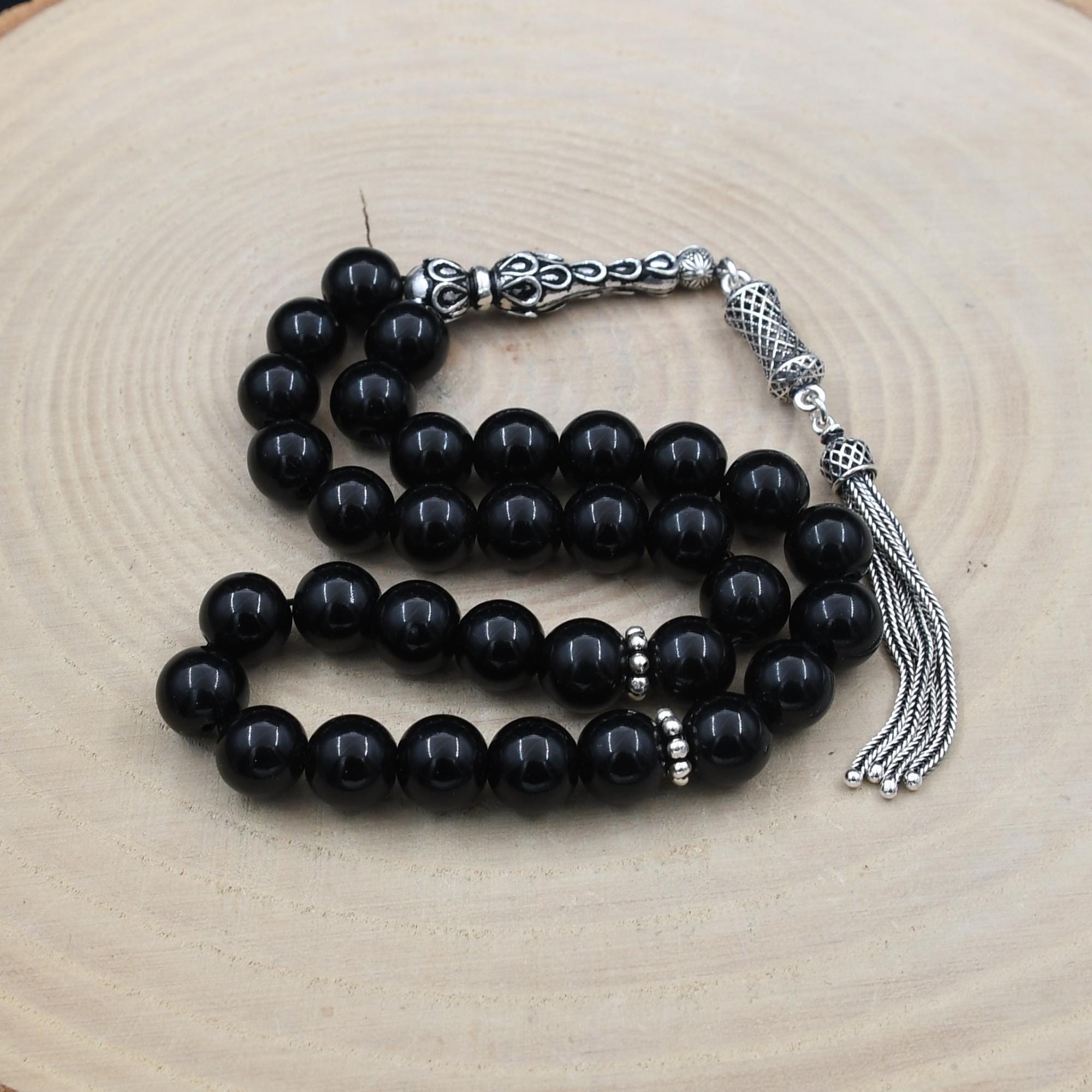 Black Onyx Gemstone Rosary, 33 Beads With 925 Sterling Silver