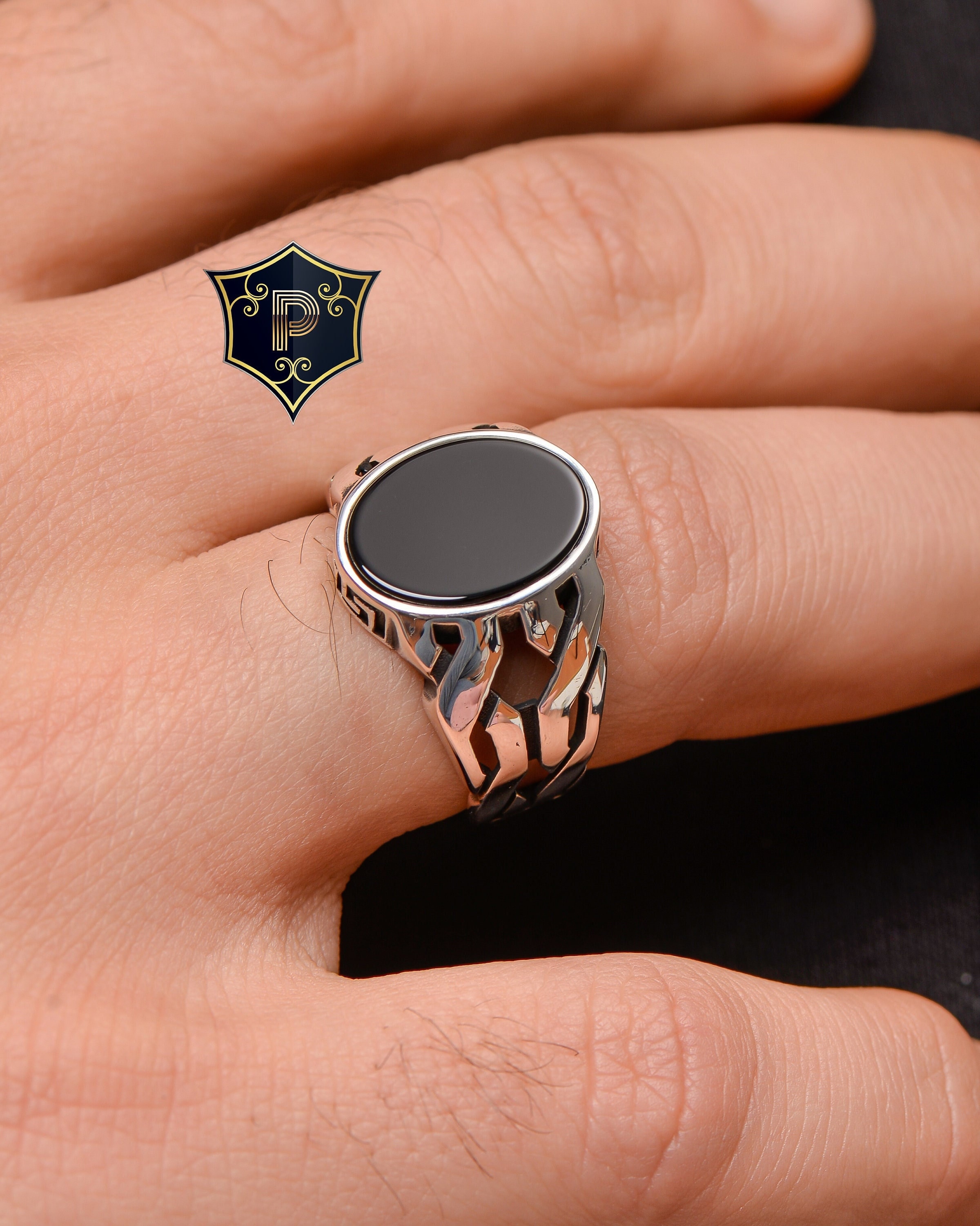 無料発送 Design Strap Watch Silver Mens Gemstone, Onyx Black Ring, アクセサリー