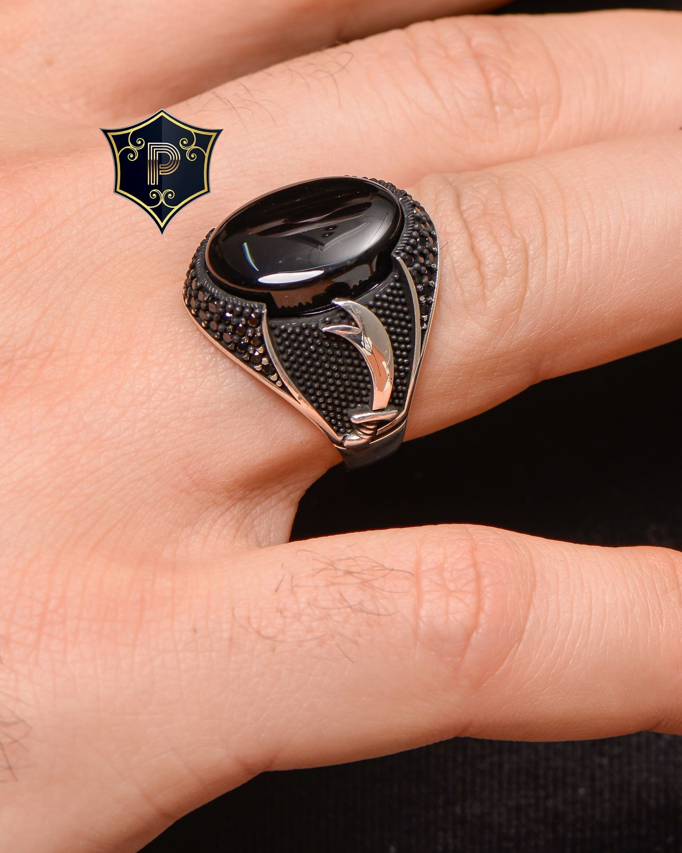 Zulfiqar Silver Ring, Men's Black Onyx Silver Ring, Handmade Ring