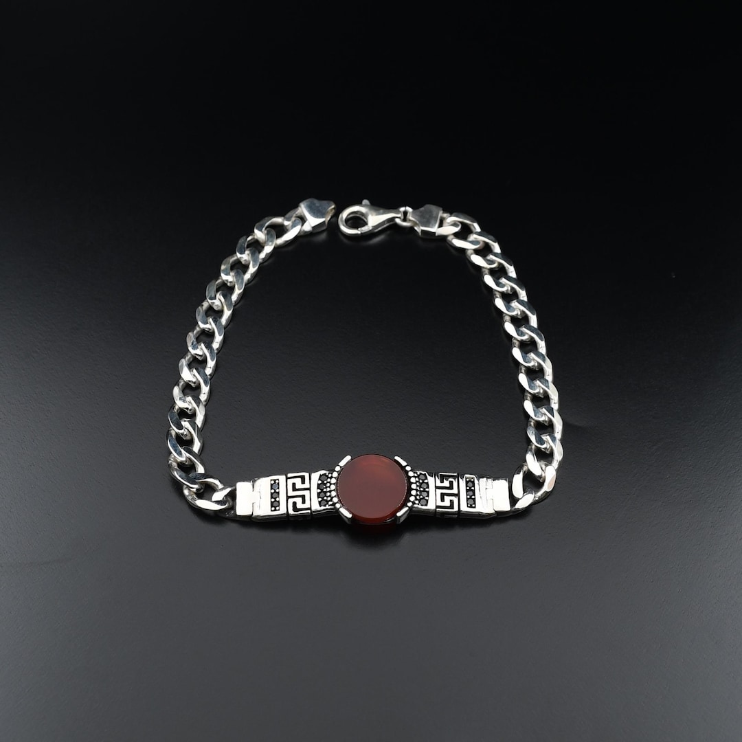 925 Sterling Silver Bracelets, Red Agate Gemstone Silver Chain
