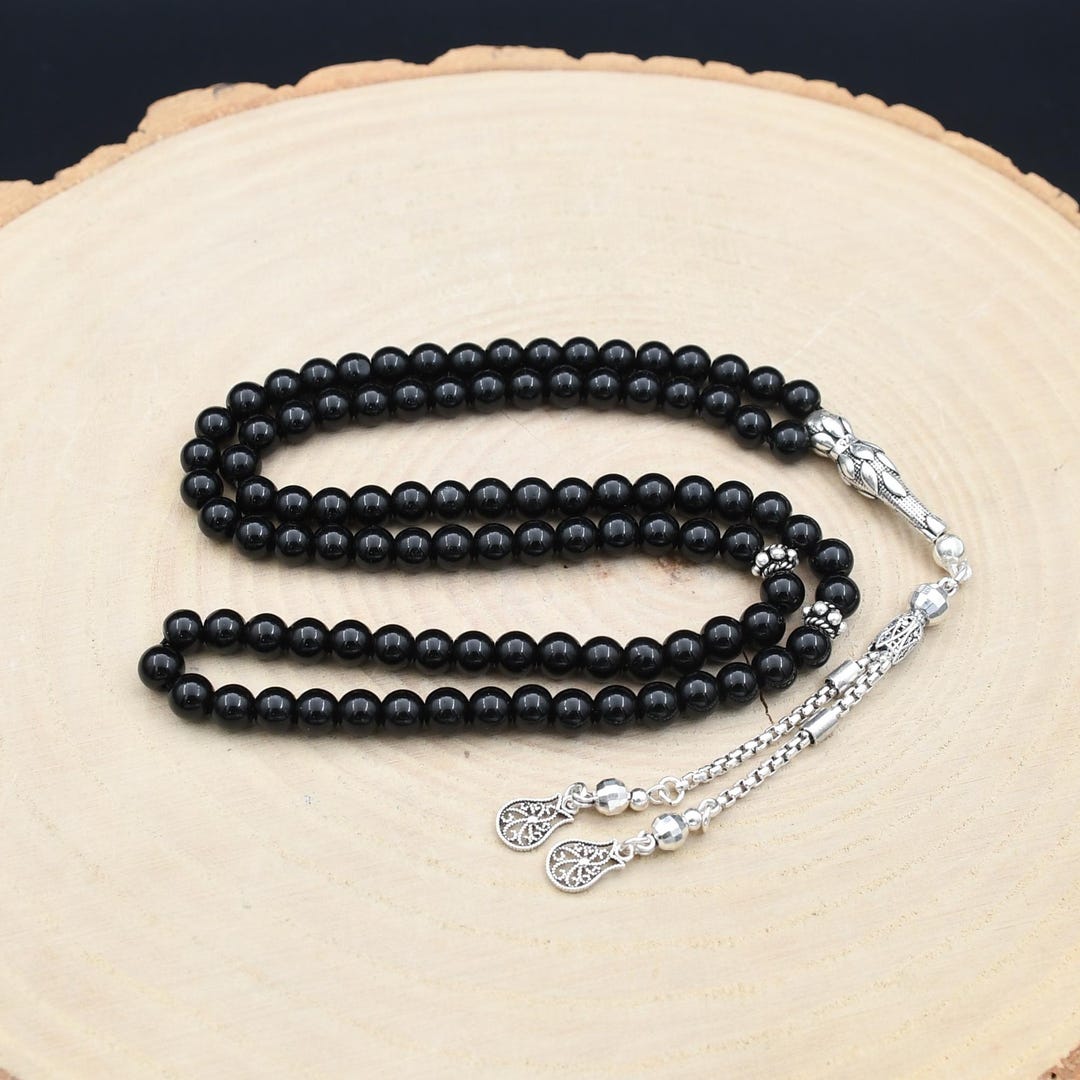 Black Onyx Gemstone Rosary, 99 Beads With 925 Sterling Silver