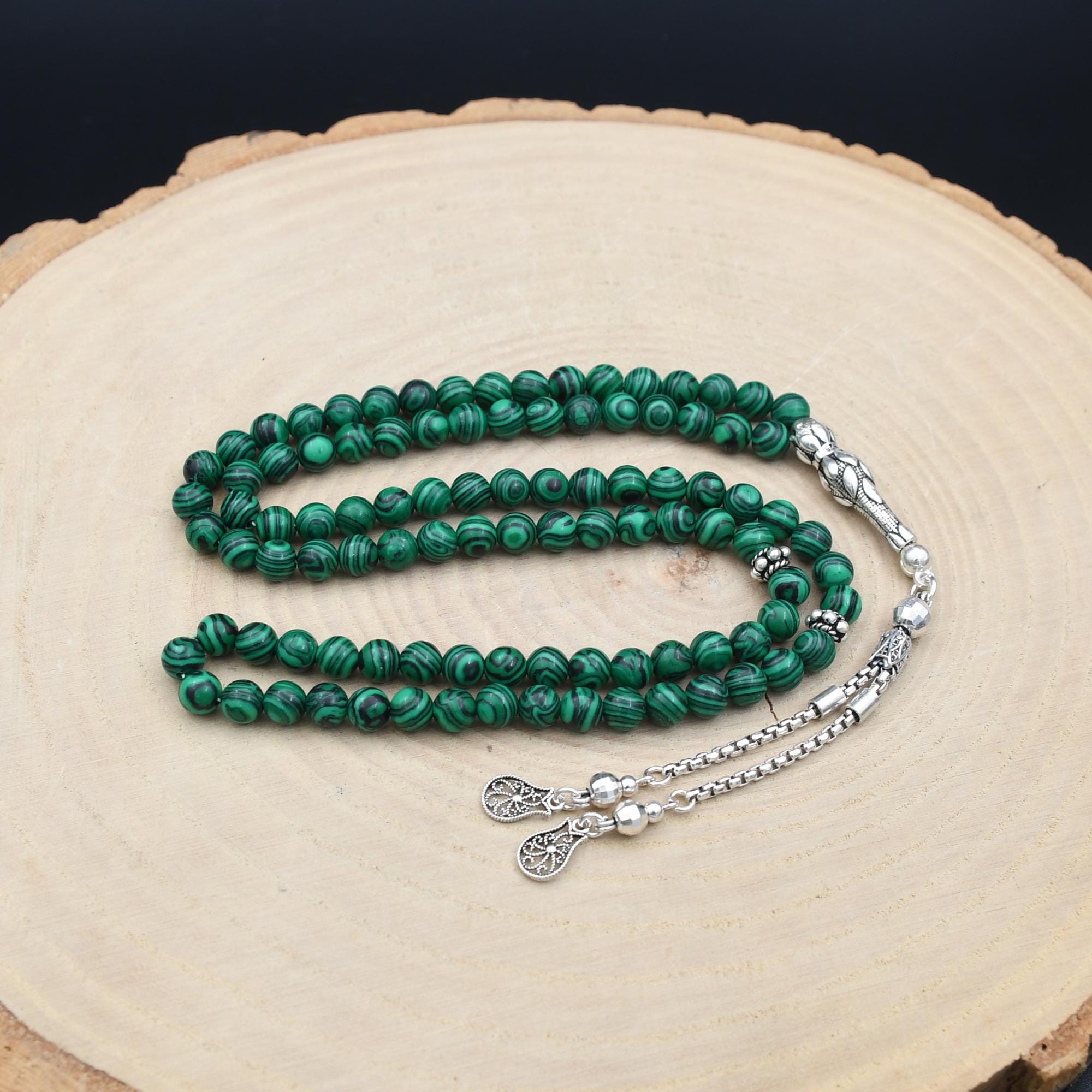 Malachite Gemstone Rosary, 99 Beads With 925 Sterling Silver