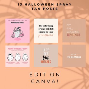 May include: A set of 13 Halloween-themed social media post templates featuring a pink and brown colour scheme. The posts include text such as "No Ghosts Here!" and "Let's Get Tan Witches".