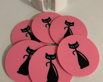Mid-Century Modern Black Cat Coasters- Set of 6 - 3D Printed