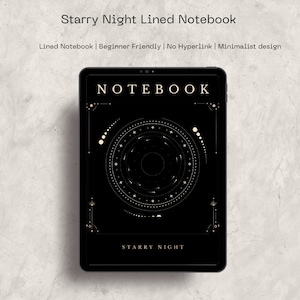 May include: A black digital tablet with a gold geometric design on the screen. The design features a circle with stars and lines. The text "NOTEBOOK" and "STARRY NIGHT" is displayed on the screen.