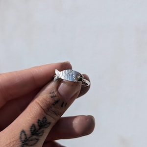 May include: A silver ring with a detailed fish design. The fish has a small hole in its side.
