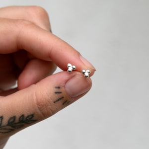 May include: A pair of silver stud earrings with three small, round beads in a triangular shape.