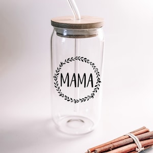 Mama Mothers Day Iced Coffee Can Glass 16oz | Bamboo Lid | Glass Straw |