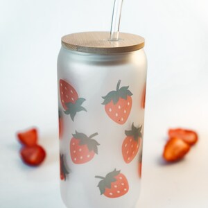 Strawberry Frosted Glass | Bamboo Lid | Glass Straw | 16 oz