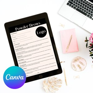 May include: A black tablet with a white background displaying a document titled "Powder Brows". The document includes a section for client information, a description of the procedure, and a follow-up appointment section. The document also includes a logo placeholder.