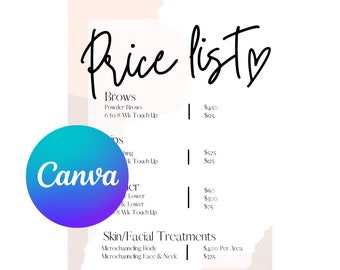 Plantilla de lista de precios para salón: Maquillaje permanente, joyería, pestañas (Canva, descarga instantánea)