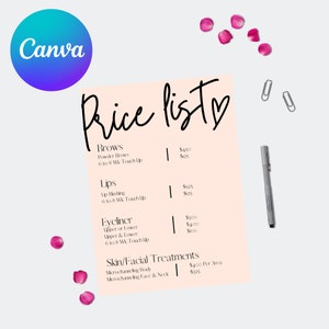 Puede incluir: Una lista de precios rosa para servicios de belleza, que incluye cejas, labios, delineador de ojos y tratamientos faciales. Los precios se indican en euros.