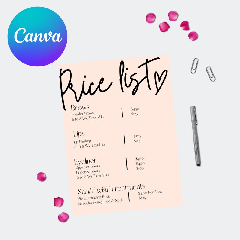 Puede incluir: Una lista de precios rosa para servicios de belleza, que incluye cejas, labios, delineador de ojos y tratamientos faciales. Los precios se indican en euros.