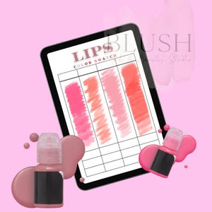 May include: A digital tablet displays a lip color swatch chart with the text "LIPS COLOR SWATCH". Two small bottles of lip pigment are shown, surrounded by pink liquid. The background is a soft pink.