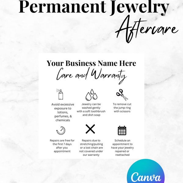 Permanent Jewelry Aftercare Card, Business Card, Advertising, Small Business, Template, Printable, Canva