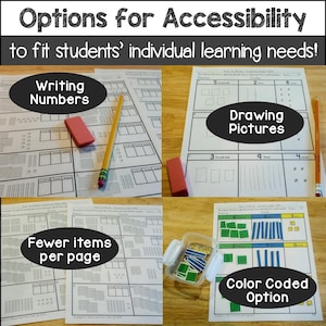 May include: Four different worksheets for teaching math concepts. The worksheets show different options for accessibility, including writing numbers, drawing pictures, fewer items per page, and color-coded options.