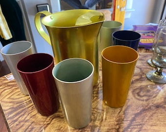 Vintage Metal Pitcher and Tumbler Set: Mid-Century Modern Kitchen Decor