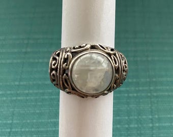 Modernist Brutalist Moonstone Ring – Sterling Silver Filigree Statement Piece - Size 7.5