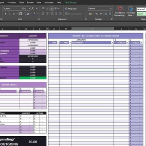 Könnte beinhalten: Eine violette und blaue Tabellenkalkulation mit Spalten mit den Bezeichnungen "Typ", "Bezahlt", "Beschreibung", "Betrag", "Prognose" und "Tatsächlich". Die Tabellenkalkulation dient der Budgetierung und umfasst Abschnitte für monatliche Rechnungen, Lastschriften, Daueraufträge und zusätzliche Ausgaben.