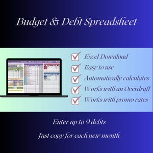 Könnte beinhalten: Ein Laptop-Computer, auf dem eine Tabellenkalkulation mit dem Titel "Budget & Debt Spreadsheet" angezeigt wird. Die Tabellenkalkulation ist ein Budget- und Schulden-Tracker. Das Bild enthält auch eine Liste von Funktionen: Excel-Download, Einfach zu bedienen, Berechnet automatisch, Funktioniert mit einem Überziehungskredit, Funktioniert mit Aktionsraten. Der Text "Geben Sie bis zu 9 Schulden ein" und "Kopieren Sie einfach für jeden neuen Monat" ist ebenfalls enthalten.