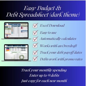 Könnte beinhalten: Eine digitale Grafik, die ein "Easy Budget & Debt Spreadsheet (Dark Theme)" bewirbt. Zwei Laptops zeigen Tabellenkalkulationsoberflächen mit Häkchen neben Funktionen wie "Excel Download" und "Track your debt payoff dates".