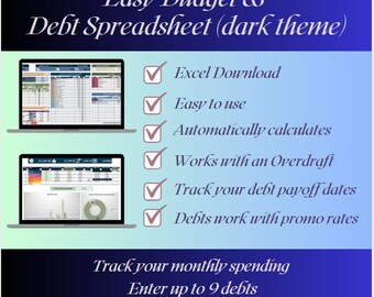 May include: A digital graphic promoting an "Easy Budget & Debt Spreadsheet (dark theme)". The image shows two laptops displaying spreadsheet interfaces, with checkmarks next to key features like "Excel Download" and "Track your debt payoff dates."