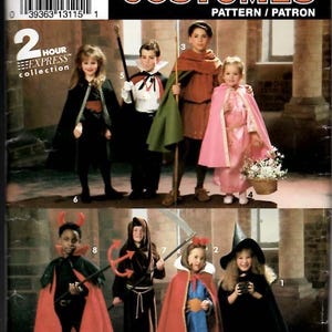 May include: A Simplicity Costumes pattern package featuring children in various Halloween costumes. The costumes include a witch, devil, princess, and vampire. The package includes the text "2 Hour Express Collection".