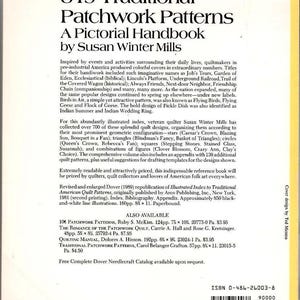 May include: A book cover titled "849 Traditional Patchwork Patterns" by Susan Winter Mills. The cover features text in black and white, with a yellow and white background. The book is a pictorial handbook for quilt patterns.