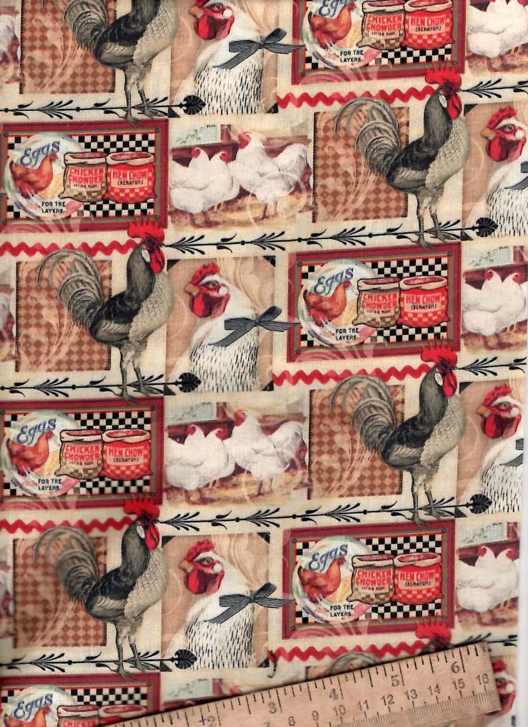 Country Patchwork Rooster Chickens Eggs Farm Animals Cotton Fabric 1/2 ...