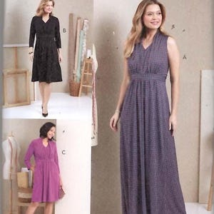 May include: A Butterick sewing pattern featuring three dress designs. The cover shows a woman in a sleeveless, patterned maxi dress, and two other women modeling different dress styles. The pattern includes sizes D5 (4-6-8-10-12).