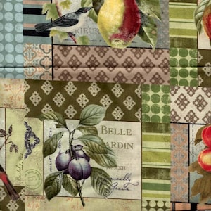 May include: A patchwork fabric with a vintage botanical theme. The design features pears, plums, and birds, along with French text and a wooden ruler. The color palette includes greens, browns, and blues. The ruler measures up to 16 inches.