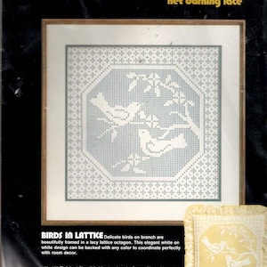 May include: A framed cross-stitch kit featuring a white bird design on a light blue background. The design is in a lacy octagon shape. The finished size is 14"x14" (35x35cm). The kit includes thread, fabric, needle, and instructions.