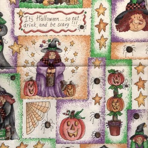 May include: A patterned fabric featuring Halloween illustrations of witches, jack-o'-lanterns, spiders, and stars with the text It's Halloween... so eat, drink, and be scary !!!, shown next to a wooden ruler measuring 5 inches in length.