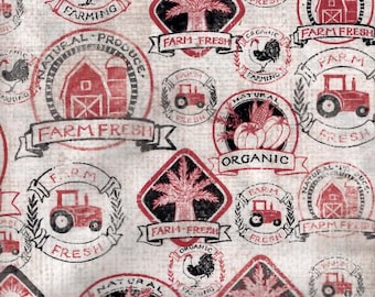 Country Farm Kitchen Farmhouse Organic Fresh Cow Barn Tractor chicken Rooster Produce farmers market cotton fabric 1/2 yard OOP