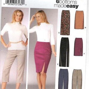 May include: Simplicity sewing pattern 5259 for six bottoms, including skirts and pants. The envelope features illustrations of various styles, including a magenta pencil skirt with a side slit, beige cropped pants, and a floral print skirt.