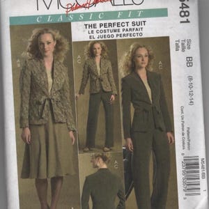 May include: McCall's sewing pattern M5481 for a classic fit suit. The envelope displays illustrations of a jacket with a tie-front closure paired with either a skirt or trousers. Text includes "THE PERFECT SUIT" and size range BB 8-10-12-14.