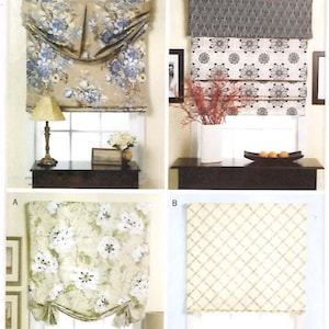 May include: A Butterick B5730 Waverly sewing pattern envelope featuring four window shade designs. Style C shows a floral print, D displays a geometric pattern, A features a white floral motif on green, and B shows a cream diamond grid pattern.