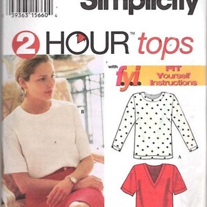 May include: Simplicity sewing pattern number 9080 for two-hour tops. The pattern includes instructions for three different tops: a white top with short sleeves, a black and white polka dot top with long sleeves, and a red top with a V-neck and short sleeves.