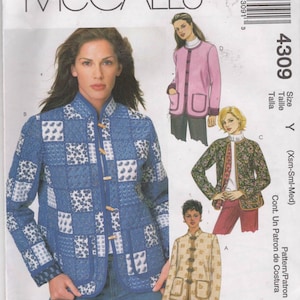 May include: McCall's 4309 sewing pattern envelope featuring illustrations of a quilted jacket with a mandarin collar, toggle closures, and patch pockets. The design is shown in blue patchwork, solid pink, floral print, and a light tan patterned fabric.
