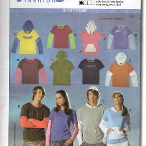 May include: A Burda Young Fashion pattern sheet featuring various shirt and t-shirt designs. The sheet includes images of the finished garments in different colors and styles, with models wearing the shirts. The text includes size information and the word "easy".