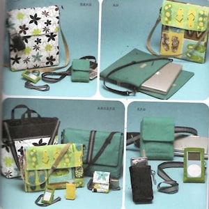 May include: Simplicity pattern 4391 featuring various bag designs. The bags include shoulder bags, small pouches, and a tote bag, with different patterns and colors, including floral and geometric prints. The pattern also includes small accessories.