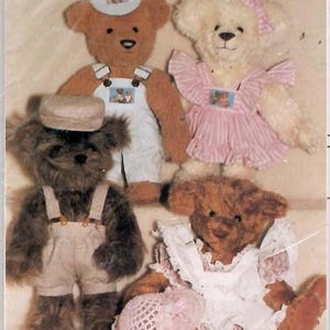 May include: Image of a pattern for bear clothes, including knickers, caps, dresses, pinafores, hair bows, and bib overalls. The pattern is designed for 17 to 18-inch bears. The image shows four teddy bears wearing the clothes. The text "Bear Clothes" is at the top.