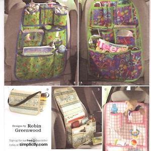 May include: A Simplicity 2916 sewing pattern envelope featuring designs by Robin Greenwood for car seat organizers and bags. The images display various fabric organizers with multiple pockets in green, purple, and pink plaid patterns, including a messenger bag.
