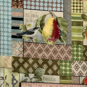 May include: A patchwork fabric with a variety of patterns, including polka dots, stripes, and floral designs. The fabric features a bird, a pear, and the text "23 Rue Loue" and "Belle".