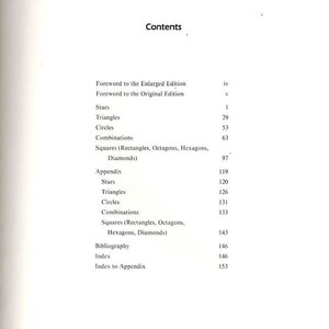 May include: A book page with the title "Contents" at the top. The page lists chapter titles such as "Triangles," "Circles," and "Squares," along with corresponding page numbers. The text is in black font.