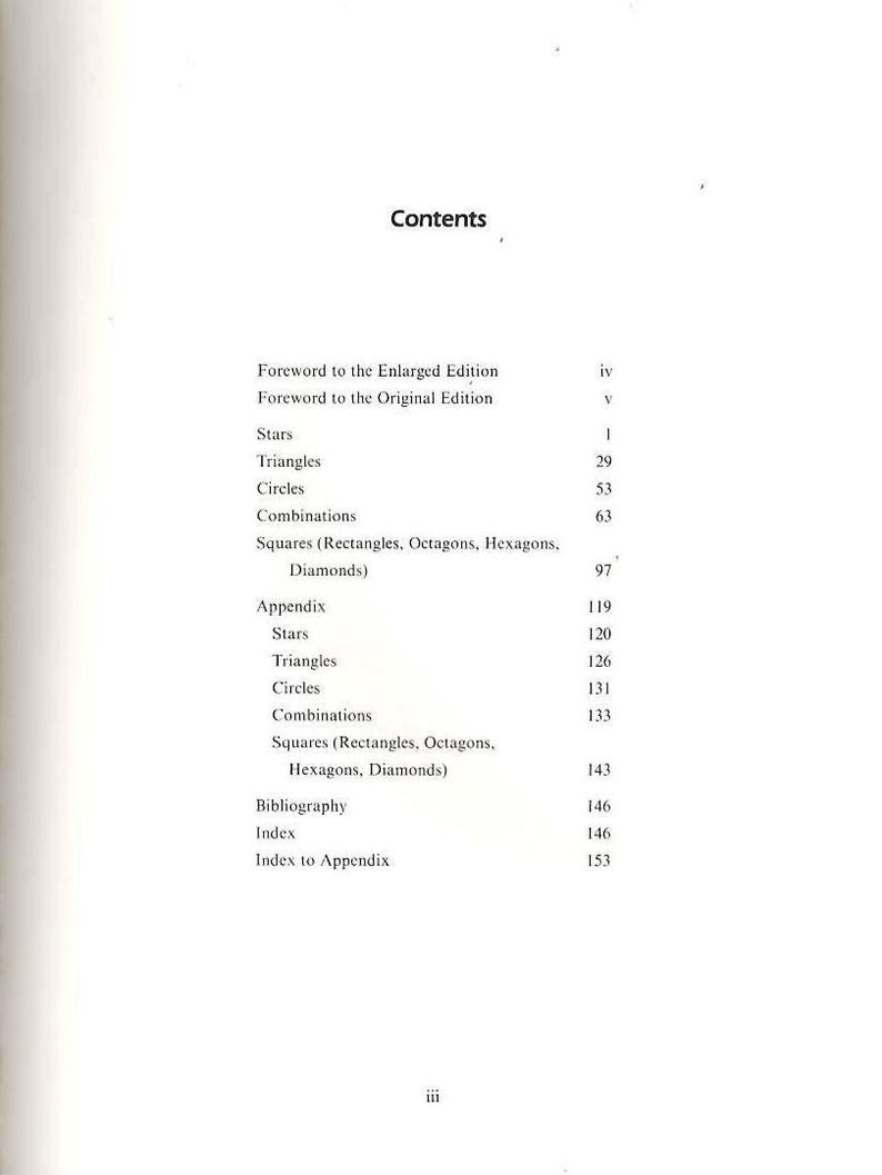 May include: A book page with the title "Contents" at the top. The page lists chapter titles such as "Triangles," "Circles," and "Squares," along with corresponding page numbers. The text is in black font.
