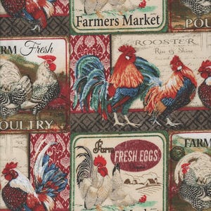 May include: Fabric with a repeating pattern featuring roosters, hens, and text. The roosters are depicted in red, blue, and white, with the words "Farmers Market," "Fresh Eggs," and "Poultry" visible.